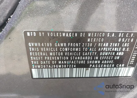 2016 Volkswagen Jetta 1.4T S из США, поврежденный, VIN 3VW267AJ9GM387224